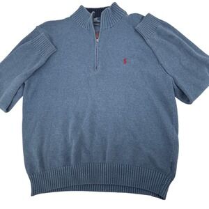 Polo Ralph Lauren Mens 1/4 Zip SweaterXL Blue Cotton‎ Red Pony Preppy